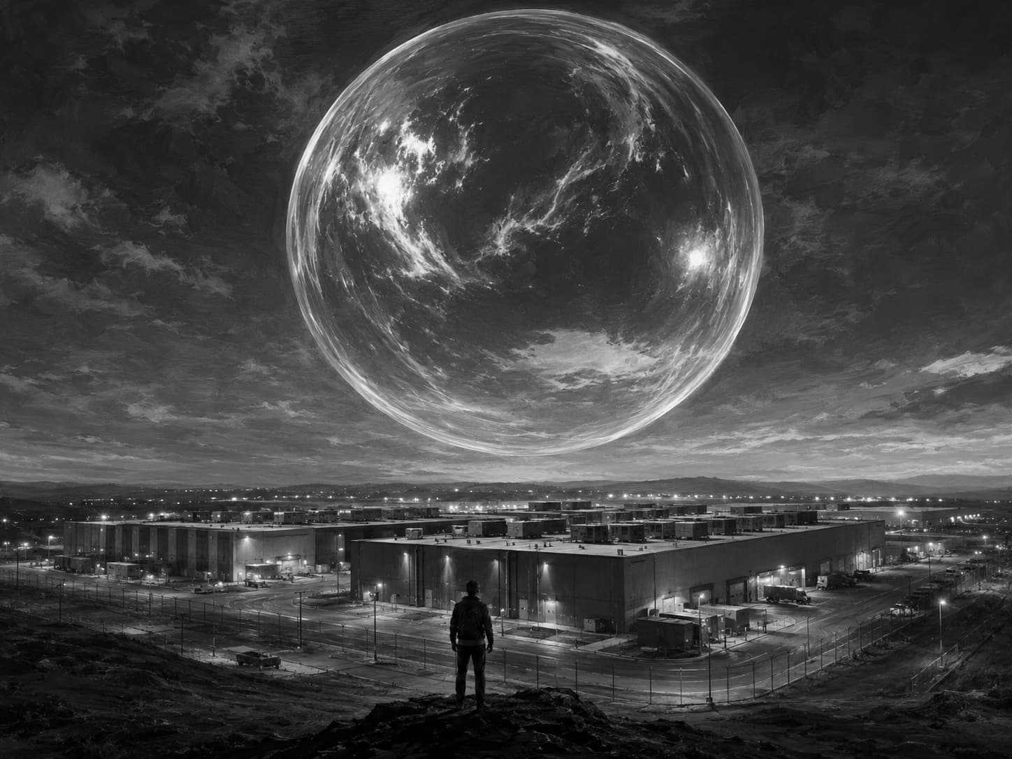 A lone figure on a ridge watches an enormous translucent sphere hang in the night sky above a sprawling, floodlit data center.